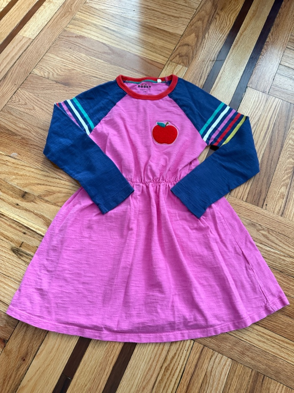 Mini Boden Pink Apple Patch Kids Dress with Navy Raglan Sleeves